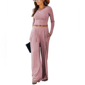 Ribbed Lounge Set Crop Top Long Sleeve, Palazzo Pants NEW